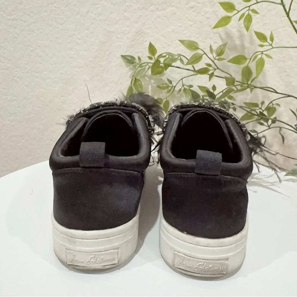 Sam Edelman Black Satin Sneaker Flats with Crystal and Feathers Size 6 Preowned